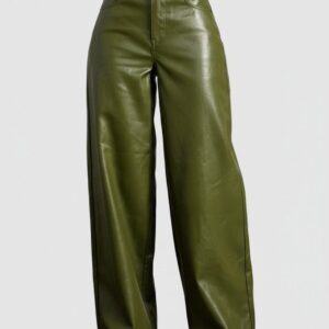 Olive Green wide-leg leather pants-For Women